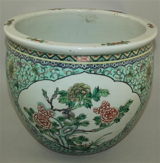 A Chinese famille verte goldfish bowl, late 19th century, diam.30cm, star crack to base